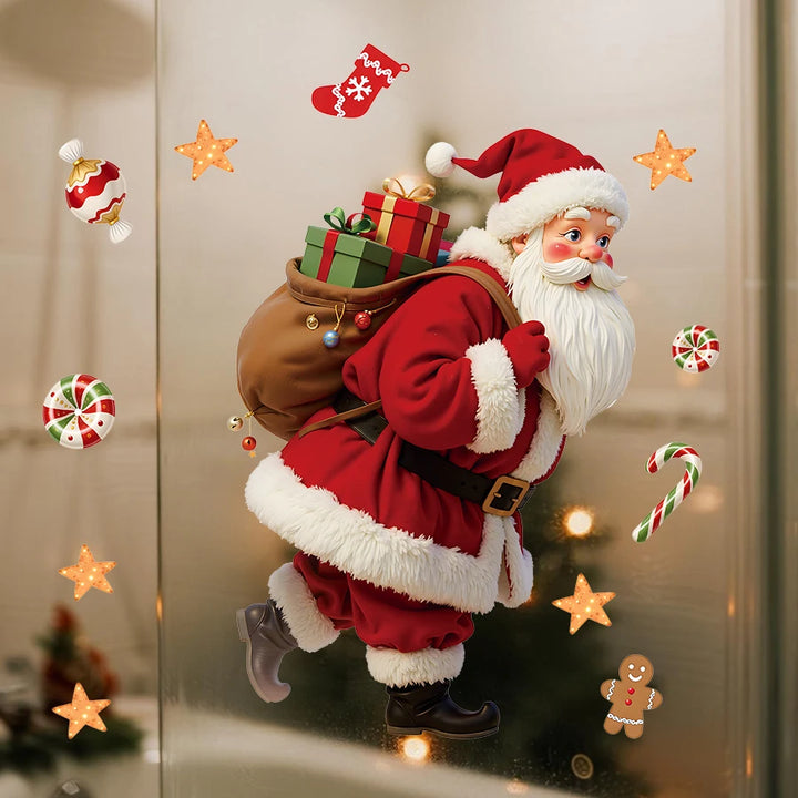 Stickers Père Noël appliqués sur une paroi de douche vitrée, salle de bain en arrière-plan flou