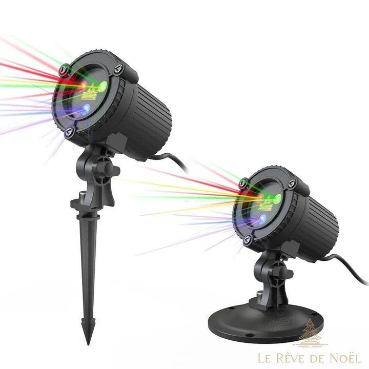 Projecteur laser noir sur fond blanc, présenté avec piquet de sol et socle rond, faisceaux colorés