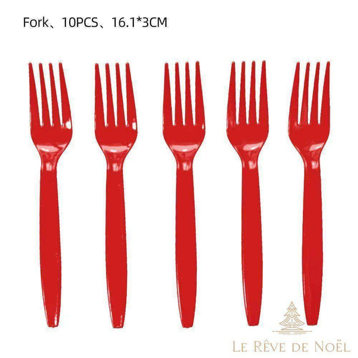 Cinq fourchettes jetables en plastique rouge à quatre dents, sur fond blanc, lot de 10 pièces