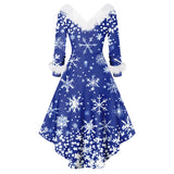 Robe de soirée de Noël bleu roi, col et manchettes en fausse fourrure blanche, flocons imprimés