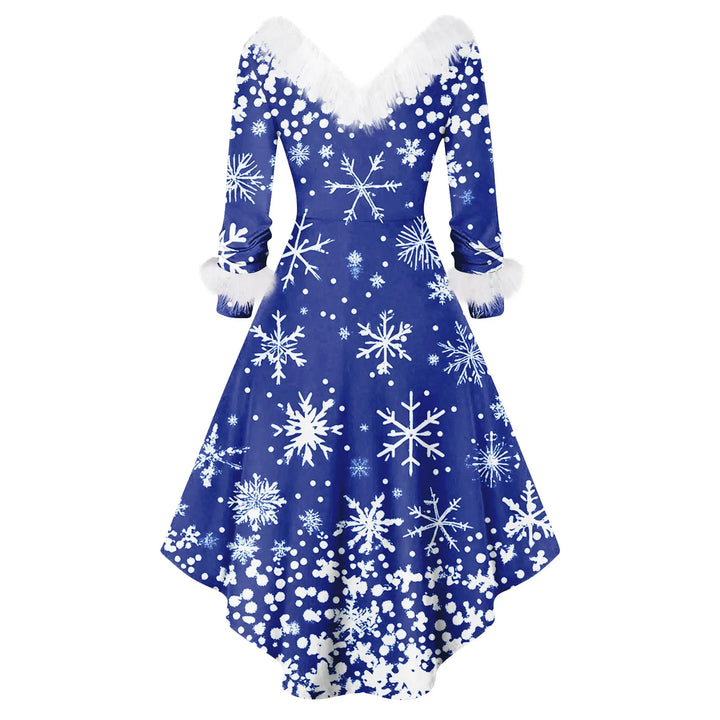 Robe de soirée de Noël bleu roi, col et manchettes en fausse fourrure blanche, flocons imprimés