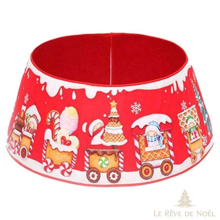 Jupe de pied de sapin rouge à motif train de pain d'épice et bonbons, bord blanc festonné
