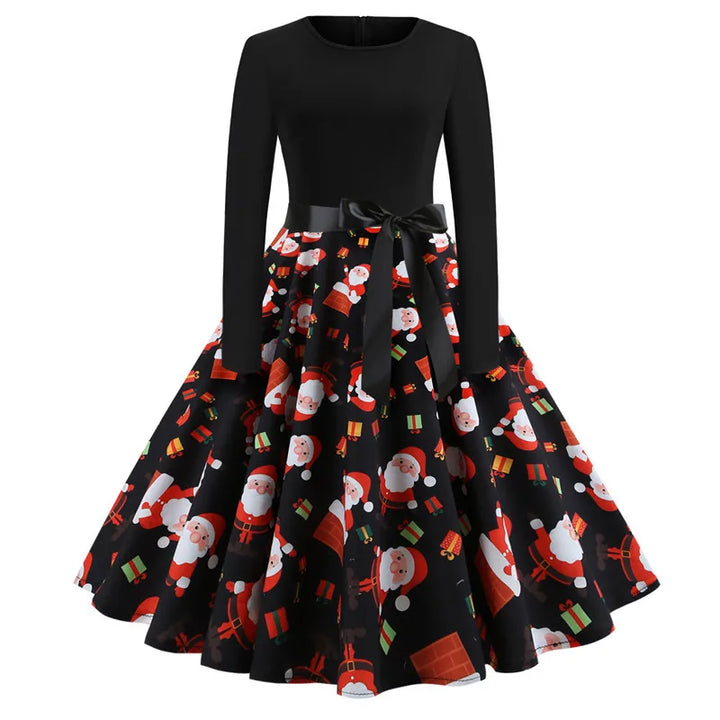 Robe de Noël noire, jupe à motif Père Noël, cadeaux emballés et cheminée sur fond noir