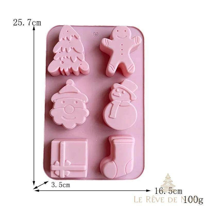Moule à 6 empreintes sapin, pain d'épices et Père Noël, dimensions 25,7 x 16,5 x 3,5 cm