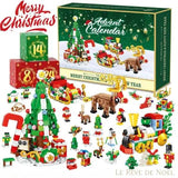 Calendrier de l'avent en briques, grand sapin de Noël construit, traîneau et train miniatures