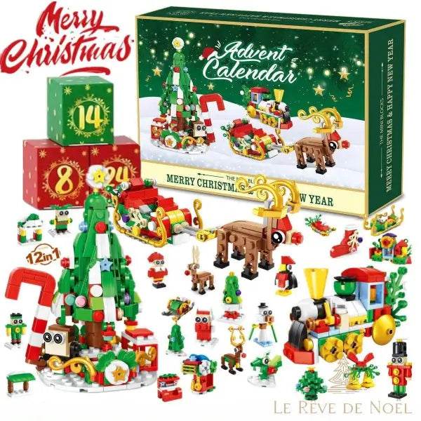 Calendrier de l'avent en briques, grand sapin de Noël construit, traîneau et train miniatures