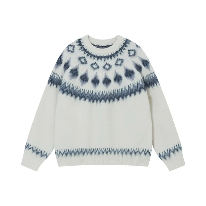 Pull de Noël femme vintage blanc cassé, motif jacquard gris-bleu sur l'encolure, présenté à plat