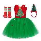 Robe tutu bicolore à sapin pailleté, avec jambières à rayures et pois vert-rouge