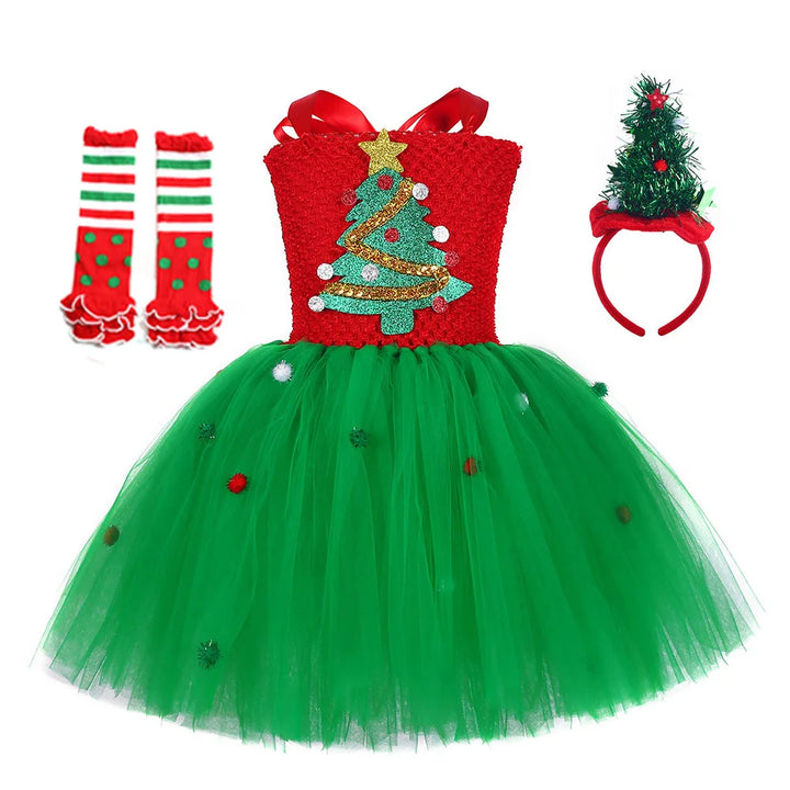 Robe tutu bicolore à sapin pailleté, avec jambières à rayures et pois vert-rouge