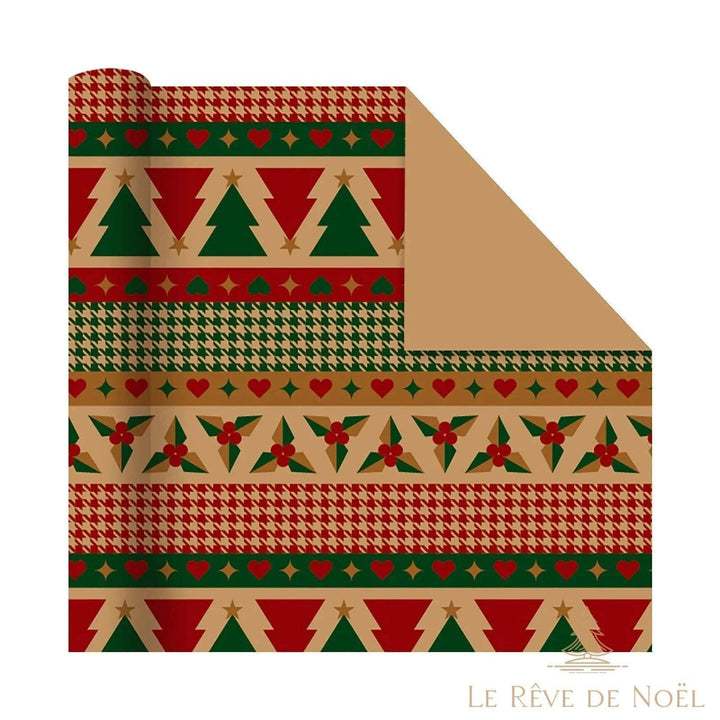 Rouleau de papier cadeau à bandes vintage : pied-de-poule, sapins, cœurs et houx rouge et vert