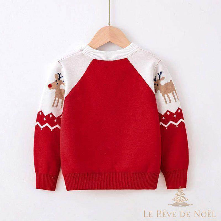 Vue de dos du pull de Noël enfant rouge à motif de rennes sur les épaules