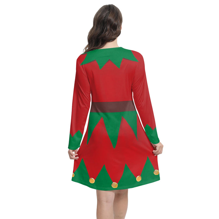 Vue de dos de la robe lutin rouge à zigzag vert, ceinture marron imprimée à boucle dorée