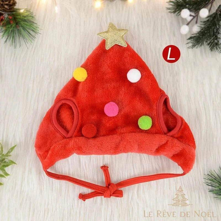 Bonnet sapin rouge taille L, pompons multicolores et étoile dorée au sommet, posé à plat
