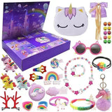Calendrier de l'avent Licorne, boîte violette avec trousse peluche licorne et lunettes roses