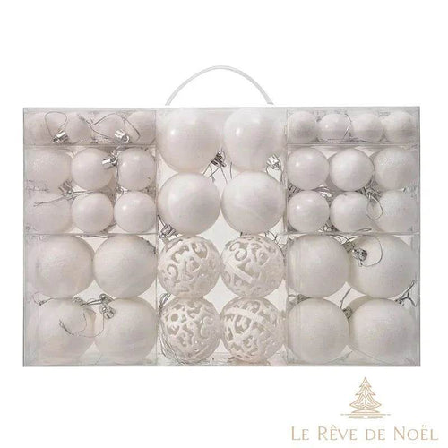Lot de 100 boules de Noël blanches, brillantes, mates, pailletées et ajourées, dans une boîte transparente à poignée
