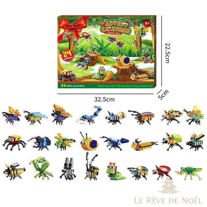 Calendrier de l'avent en briques sur fond de forêt, 24 figurines d'insectes et petites bêtes