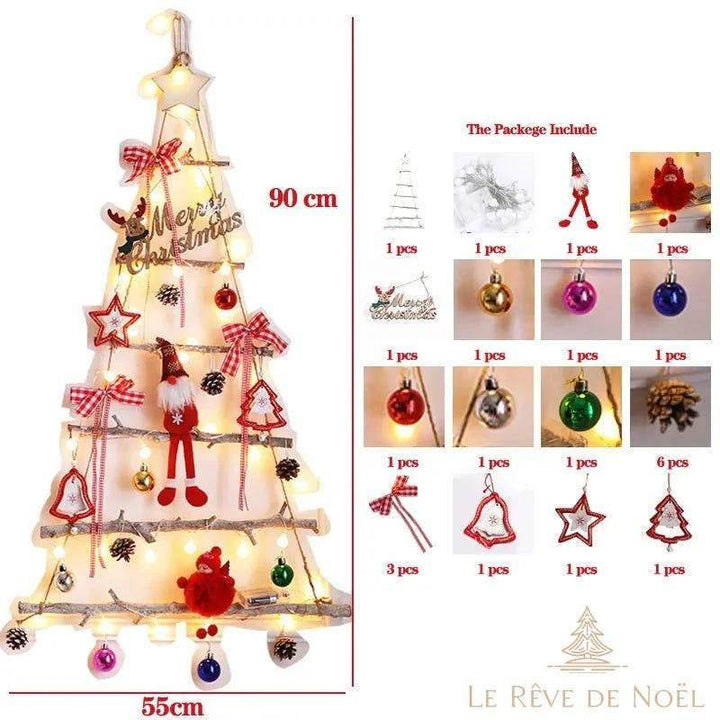 Sapin mural en bois clair orné de guirlande lumineuse et boules multicolores, 90 x 55 cm