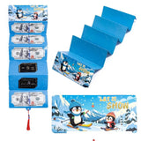 Pochette de Noël bleu ciel à pingouins skieurs « Let it Snow », dépliée avec ses compartiments