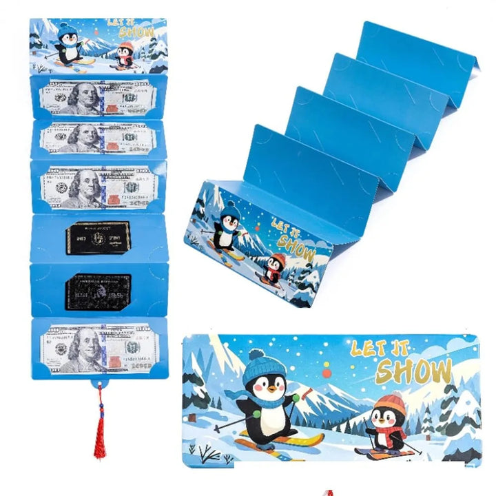 Pochette de Noël bleu ciel à pingouins skieurs « Let it Snow », dépliée avec ses compartiments
