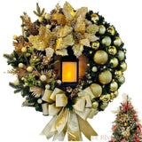 Couronne de Noël dorée avec lanterne lumineuse au centre, boules et fleurs dorées