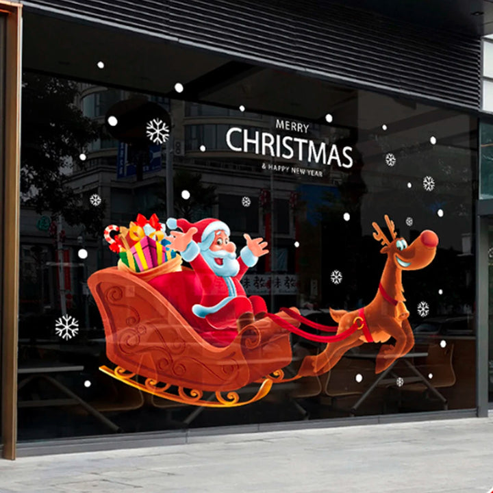 Sticker vitrine moderne : Père Noël assis dans son traîneau tiré par un renne au nez rouge