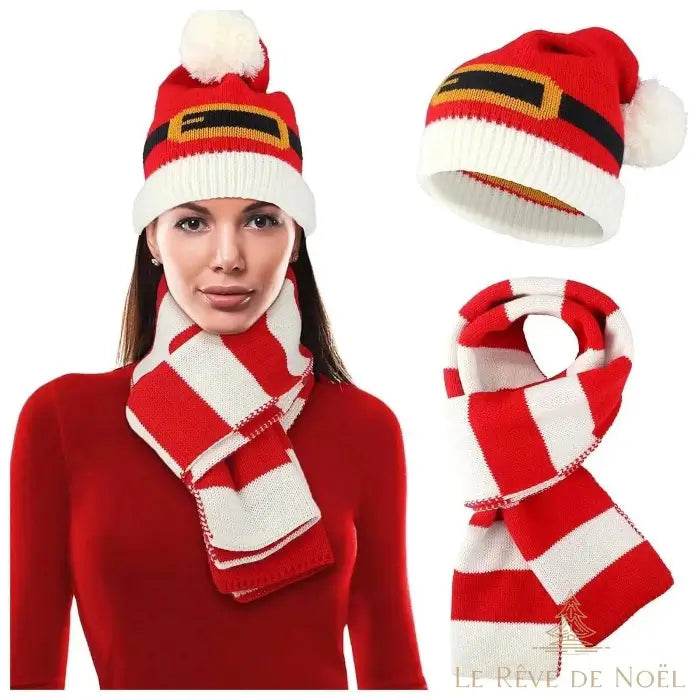 Bonnet rouge à ceinture dorée façon Père Noël, écharpe assortie rayée rouge et blanc