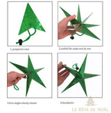 Schéma en 4 étapes pour déplier et monter l'étoile de Noël en papier pliée à plat