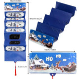 Pochette de Noël bleu marine à traîneau du Père Noël, dépliée avec ses cotes en centimètres