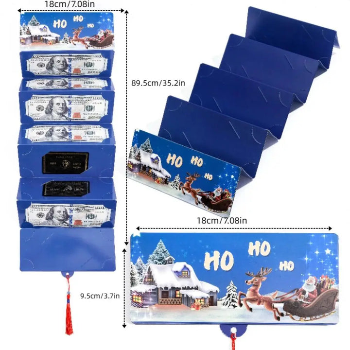 Pochette de Noël bleu marine à traîneau du Père Noël, dépliée avec ses cotes en centimètres