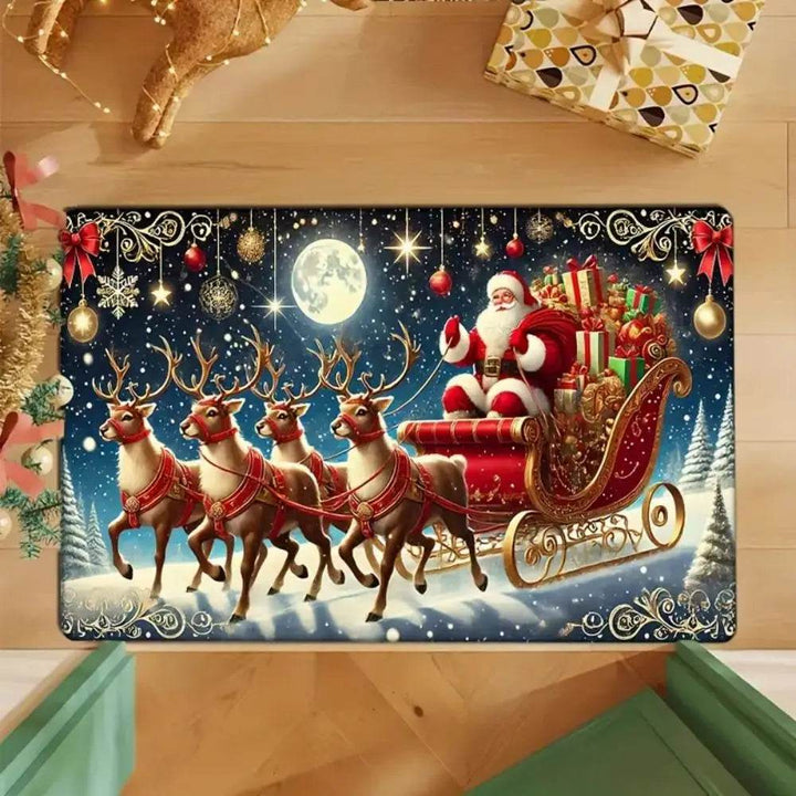 Même tapis vu de dessus sur parquet, entouré d'une décoration renne dorée et d'un cadeau emballé