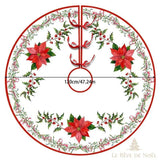 Couvre-pied de sapin rond, fond blanc à fleurs de Noël rouges et feuilles de houx, 120 cm