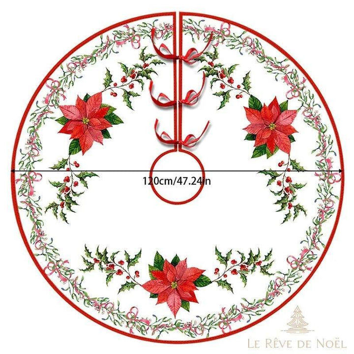 Couvre-pied de sapin rond, fond blanc à fleurs de Noël rouges et feuilles de houx, 120 cm