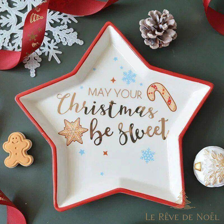 Assiette blanche en forme d'étoile, bord rouge, texte doré Christmas be sweet, flocon peint
