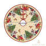 Couvre-pied de sapin rond, fond crème étoilé avec Père Noël, traîneau et rennes, 90 cm