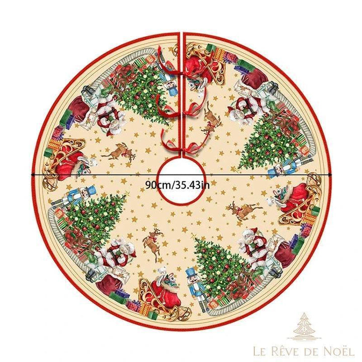 Couvre-pied de sapin rond, fond crème étoilé avec Père Noël, traîneau et rennes, 90 cm