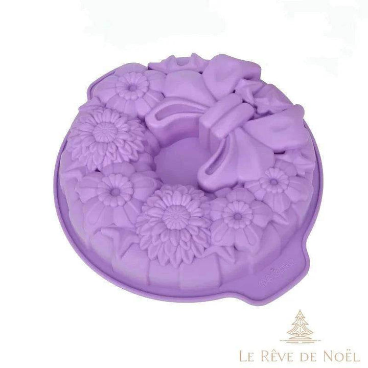Moule à gâteau en silicone violet, forme couronne avec fleurs en relief et nœud