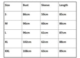 Tableau des tailles S à XXL avec mesures de tour de poitrine, manche et longueur en cm