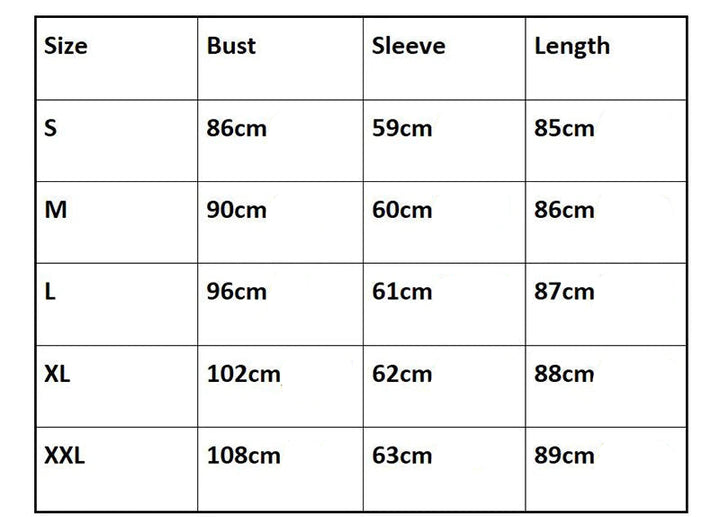 Tableau des tailles S à XXL avec mesures de tour de poitrine, manche et longueur en cm
