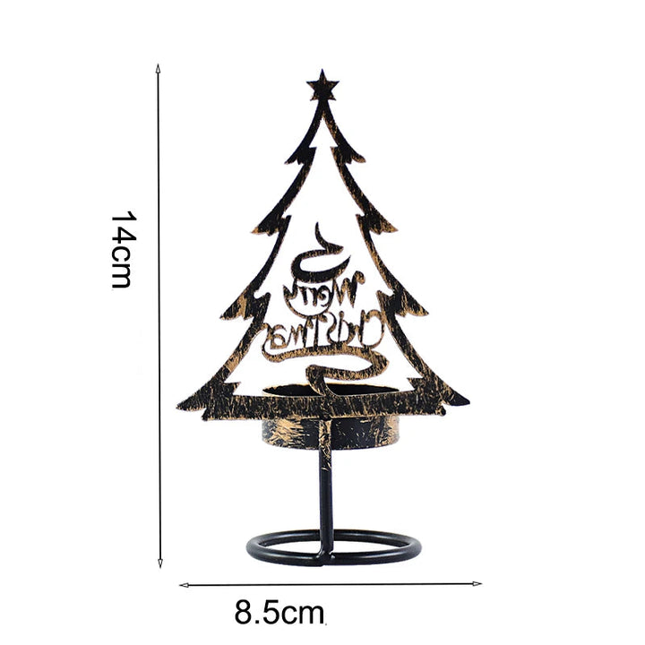 Schéma coté du bougeoir sapin Joyeux Noël en métal : 14 cm de hauteur, 8,5 cm de largeur