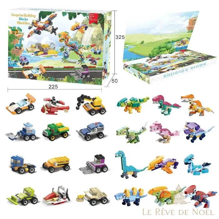 Calendrier de l'avent en briques, boîte ouverte, véhicules miniatures et dinosaures construits