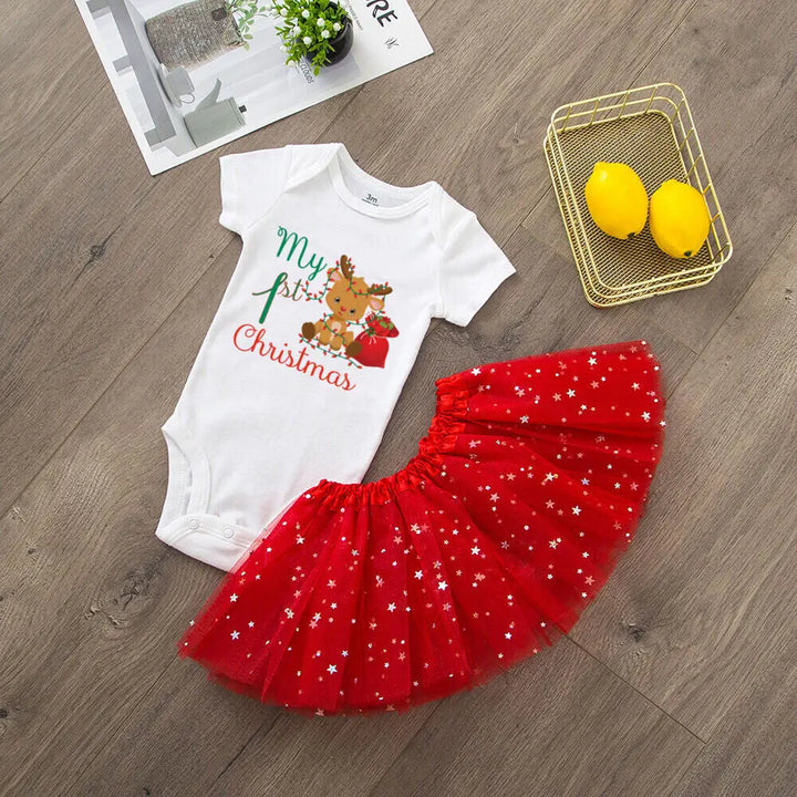 Body blanc « My 1st Christmas », renne assis avec guirlande lumineuse, jupe tutu rouge