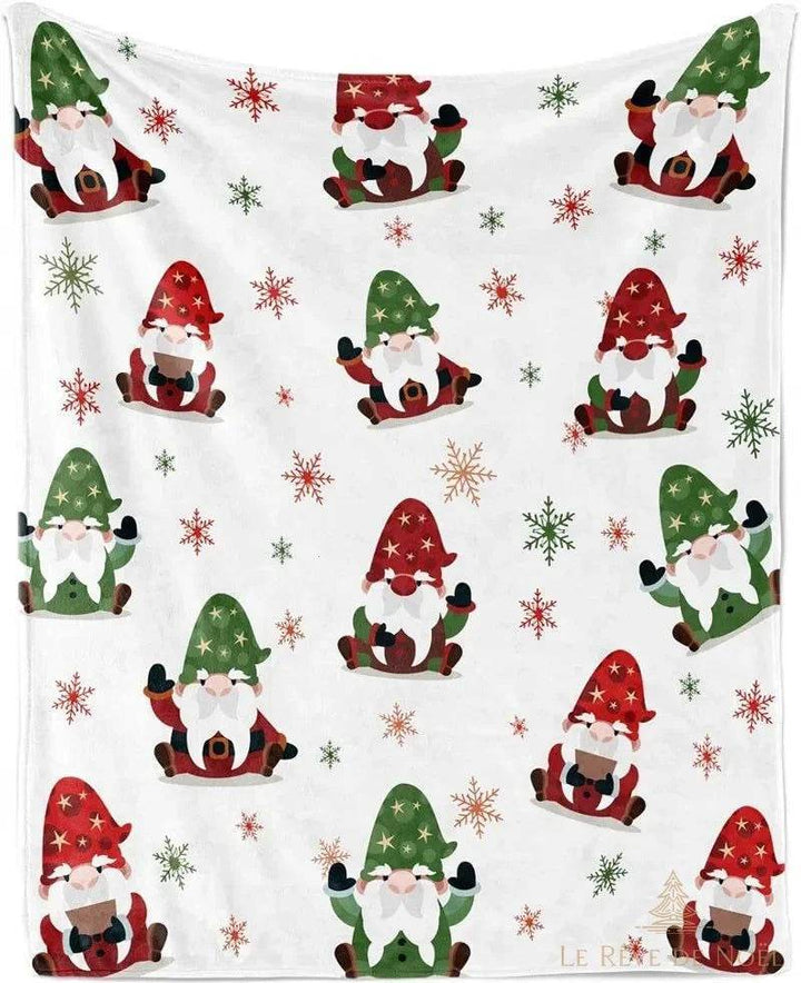 Plaid de Noël blanc suspendu, motif répété de petits lutins à bonnets rouges et verts