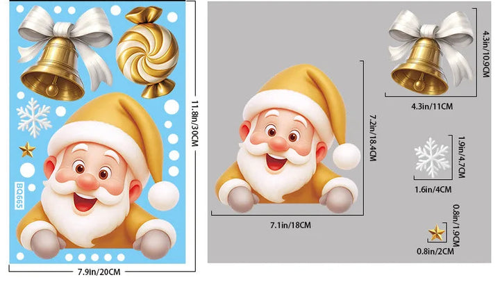 Sticker tête de Père Noël doré penché en avant, planche cotée avec cloche et étoile