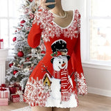 Robe de Noël rouge imprimée d'un bonhomme de neige en haut-de-forme, écharpe et oiseau