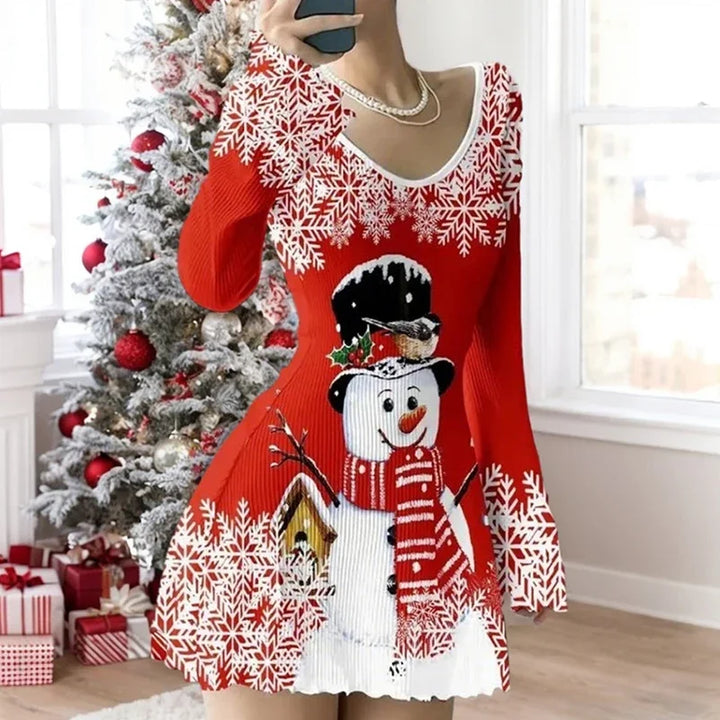 Robe de Noël rouge imprimée d'un bonhomme de neige en haut-de-forme, écharpe et oiseau