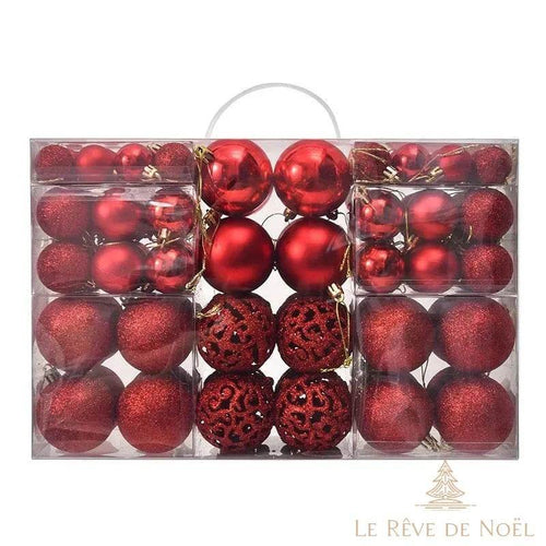 Lot de 100 boules de Noël rouges, brillantes, mates, pailletées et ajourées, dans une boîte transparente à poignée