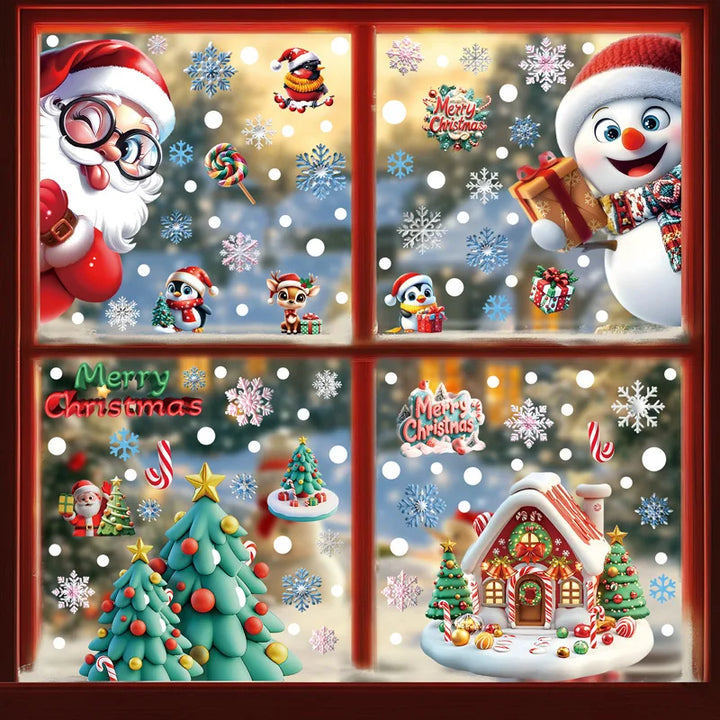 Fenêtre à cadre rouge avec stickers de Noël : Père Noël, bonhomme de neige, sapins et maison en pain d'épice