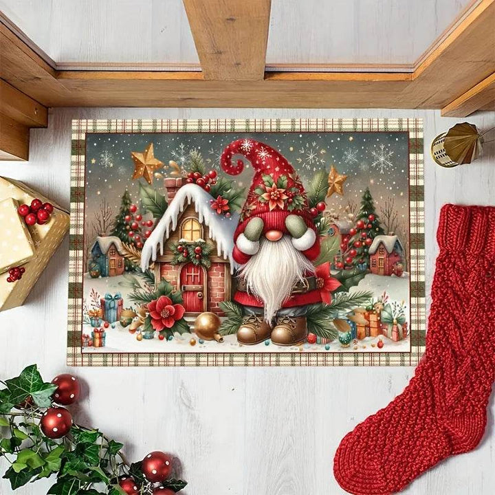 Même tapis vu de dessus au pied d'un escalier en bois, à côté d'une chaussette de Noël rouge