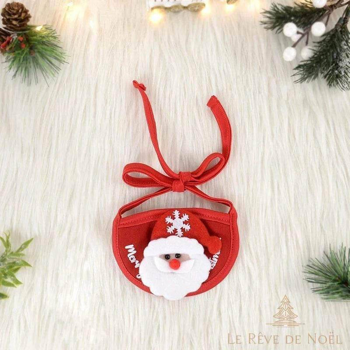 Bavoir rouge pour chien avec visage du Père Noël en relief et flocon de neige brodé