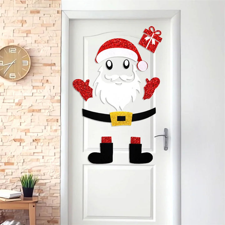 Sticker Père Noël pleine taille collé sur une porte blanche, silhouette entière
